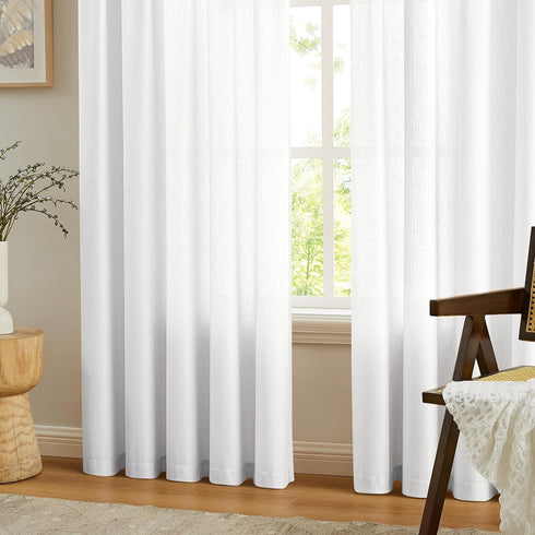 Melodieux White Semi Sheer Curtains 63 Inch Length for Bedroom Living Room, Farmhouse Linen Texture Light Filtering Home Office Shiny Sheer Drapes...