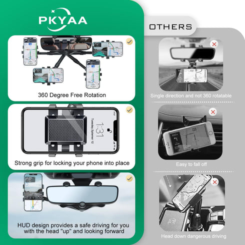 PKYAA Rearview Mirror Phone Holder for Car, 360° Rotating Rear View Mount with Adjustable Arm Length, Multifunctional and GPS Universal Car All Sm...