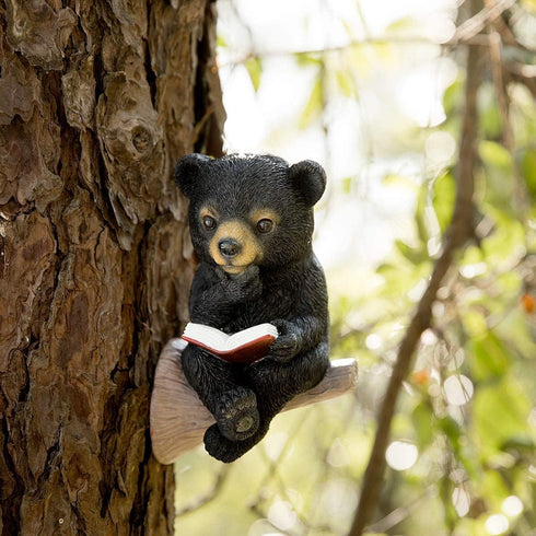 Sitting Bear Tree Hugger with Solar LED Light, Baby Bear Reading Book Garden Statue, Resin Animal Figurine Outdoor Decor, Yard Art Sculpture for L...