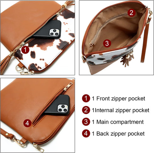 Sunwel Fashion Cow Print Wristlet Tassel Purse-Zipper Pockets Crossbody Bag Shoulder Handbag for Women...