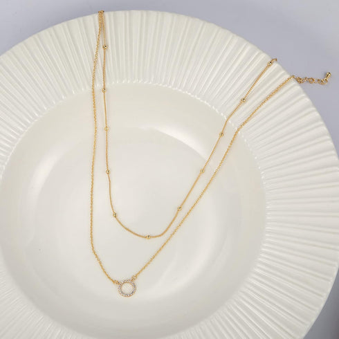 Cowlyn Dainty Layered Necklace Sparkle CZ Circle Pendant Handmade 14k Gold Plated Chain Multilayer Satellite Bead Choker Simple Cute Jewelry Etern...