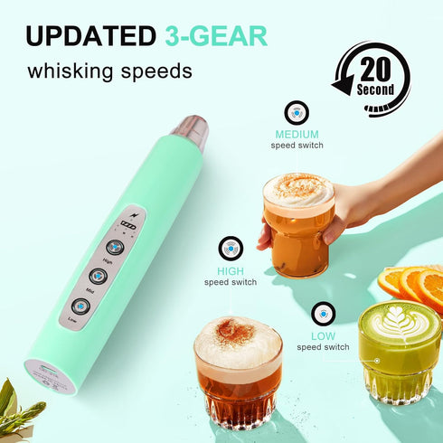 YUSWKO Baby Blue Handheld Milk Frother Wand for Coffee, Rechargeable Electric Whisk with 3 Heads 3 Speeds Drink Mixer Coffee Frother For Latte, Ca...