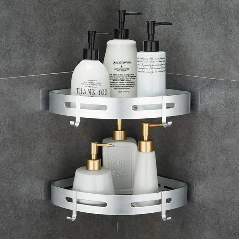 Hoomtaook Corner Caddy Bathroom Shower Shelf Wall Mounted No Drilling 2 Tier Storage Shelves Adhesive Triangle Baskets Silver Bathroom Kitchen Sto...