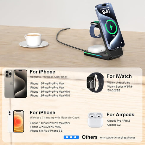 3 in 1 Wireless Charging Station with Magsafe Charger Stand, Foldable Magsafe Charger for iPhone 15 Pro Max/14/13/12, Foldable Charger 3 in 1 for ...