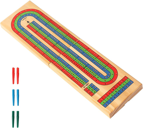 GSE Wooden Folding 3-Track Color Coded Travel Cribbage Board with 6 Plastic Pegs, Wooden Travel Portable Cribbage Board Game Set...