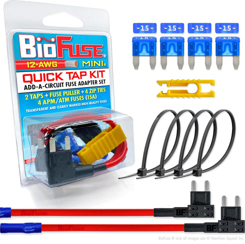 12 AWG Mini APM ATM Quick TAP KIT: 2 Add-A-Circuit Car Fuse Tap Adapters, 4 (15A) Blade Fuses, 4 Zip Ties + Fuse Puller...