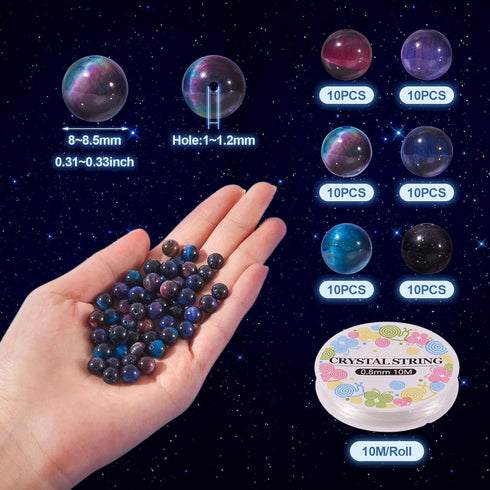 60Pcs Space Theme Gemstone Beads Kit 8mm Natural Tiger Eye Beads Blue Goldstone Beads Crafts Elastic Thread for DIY Bracelet Earring Necklace Jewe...