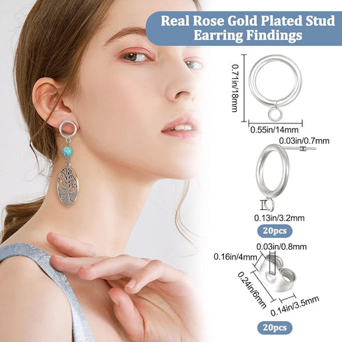 Beebeecraft 1 Box 20Pcs Circle Stud Earring Findings 925 Sterling Silver Plated Stainless Steel Hollow Round Circle Earring Posts with Loop and 20...