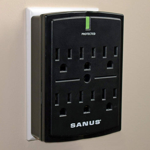 SANUS On-Wall Low Profile 1080J Fireproof Surge Protector with 6 AC Outlets & 3 Lines of Protection - Includes Power Signal Filtering Black...