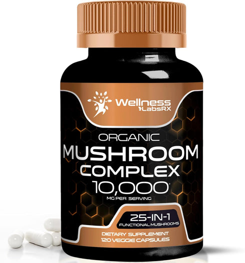 Organic Mushroom Supplement Capsules - 10000mg - 25 in 1 Mushroom Complex Capsules, Lion's Mane mushroom Capsules - Turkey Tail Mushroom Capsules,...