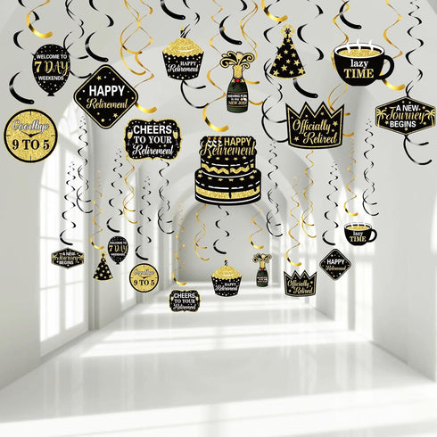 Blulu 30 Pcs Retirement Party Hanging Swirls Decorations Black Gold Retirement Party Supplies for Men Women 2025...