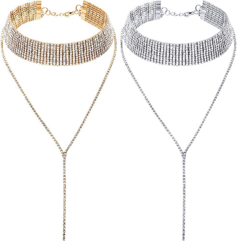 2 Pieces Rhinestone Tassel Choker Necklace Multi-Layer Wide Collar Necklaces Tassel Chain Necklaces for Women Girls Favor...