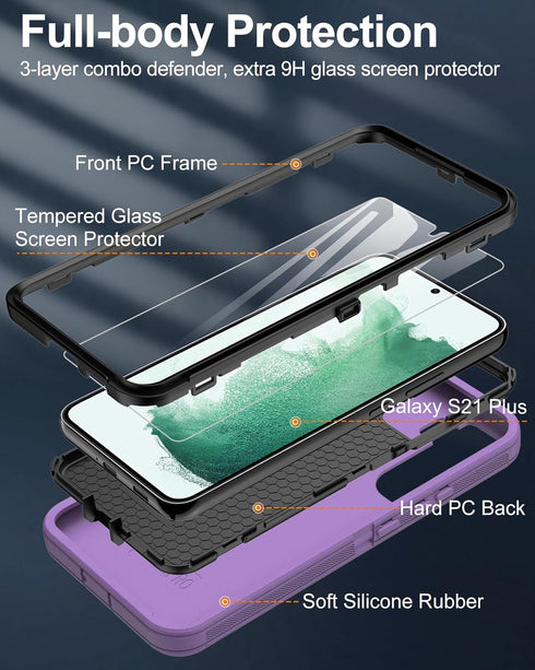 for Samsung Galaxy S21 Plus 5G Phone Case, with Screen Protector, Dust-Proof Port Cover, Full-Body Non-Slip Silicone Rubber Covered, Military Grad...