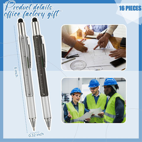 16 Pcs Blue Ink Multi Tool Tech Pen Gift Pen for Men Dad Screwdriver Pen with Ruler 6 in 1 Ballpoint Pen and Pen Refills (Yellow,Black,Glod,White)...