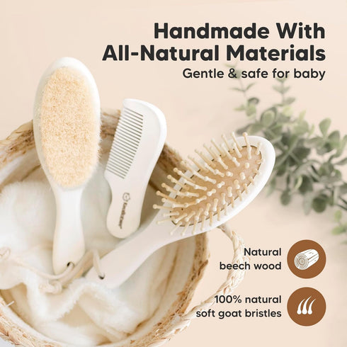 Baby Hair Brush and Comb Set for Newborn - Wooden Baby Hair Brush Set with Soft Goat Bristle, Baby Brush Set for Newborns, Baby Brush and Comb Set...