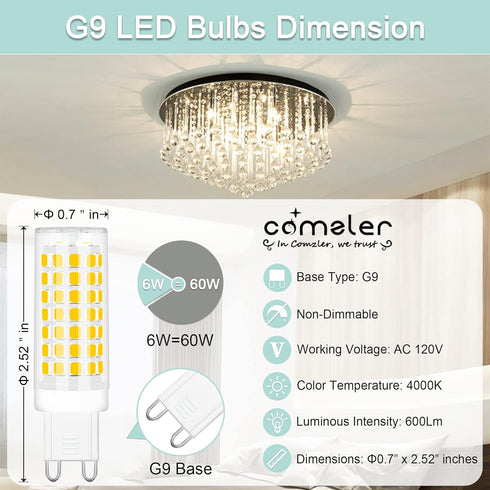 comzler G9 LED Bulb 4000K Natural Daylight, 6W 60 Watt Halogen Equivalent G9 LED Bulb Bi Pin Ceramic Base, 600LM T4 G9 Light Bulbs for Chandeliers...