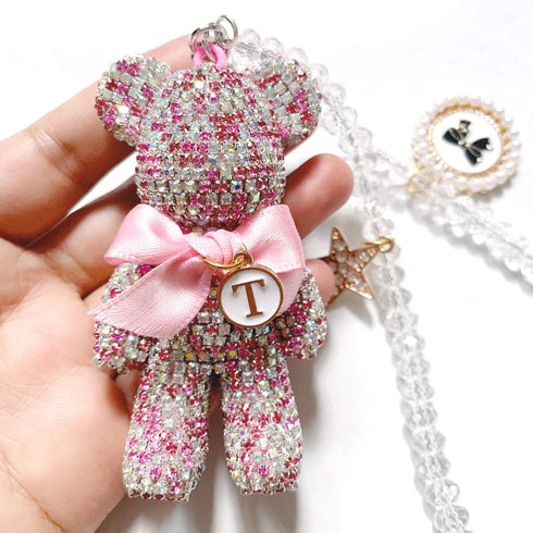 Cute Bling Bear Rear View Mirror Hanging Accessories Sparkle Hanging Ornaments Diamond Bear Charms for Car Mirror (Pink)...