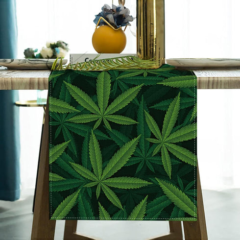 Sunwer Linen Marijuana Leaf Table Runner, 13" x 72", Green, Modern Pattern, Perfect for Kitchen Dining & Themed Parties...