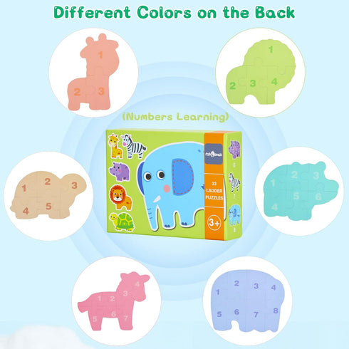 FLYINGSEEDS 6 Packs Safari Animals Shaped Wooden Jigsaw Puzzles for Toddlers Ages 1-3, Level-up Puzzles for Beginner, Montessori Learning Toys Pre...