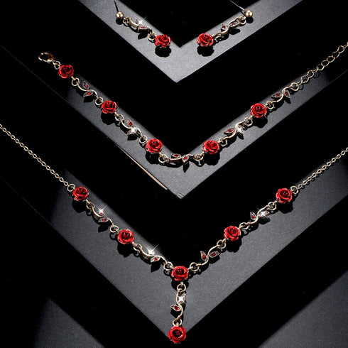 Yolev 3Pcs Set Red Rose Jewelry - Rose Flower Pendant Necklace, Bracelet Dangle Earrings.Bracelet Flower Jewelry Dangle Earrings Set For Valentine...
