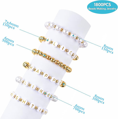 DECYOOL 1800Pcs Jewelry Making Kit - 1500Pcs Gold Round Spacer Smooth Loose Ball Beads, 150Pcs Alphabet, 150Pcs White Pearls and 2 Rolls Elastic S...