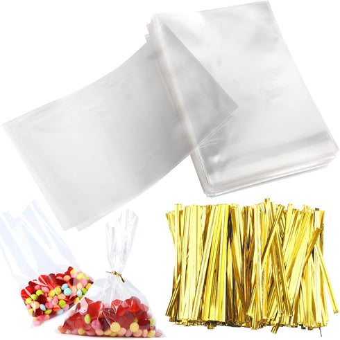 Augshy 300 Pcs 6x8" Treat Cello Bags for Lollipop with 300 Twist Ties, 1.4 Mils Thickness OPP Plastic Bags for Candy, Chocolate, Cookie Wrapping...