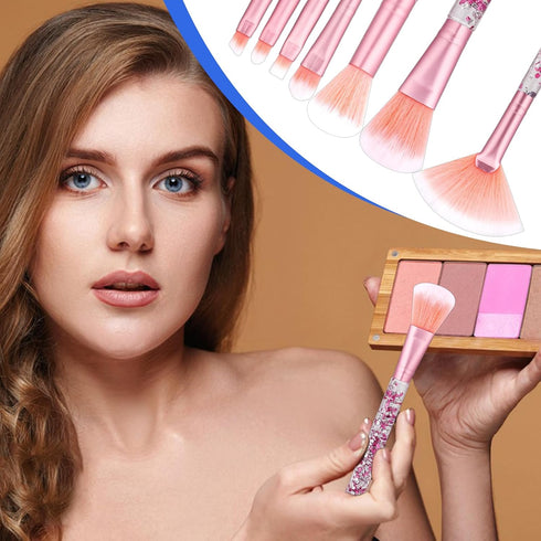 7 PCS Makeup Brushes, Crystal Sparkles Cute Fan Blush Foundation Powder Lip Highlight Eye Shadow Eyebrow Concealers Brush Set with Sequins Handle ...