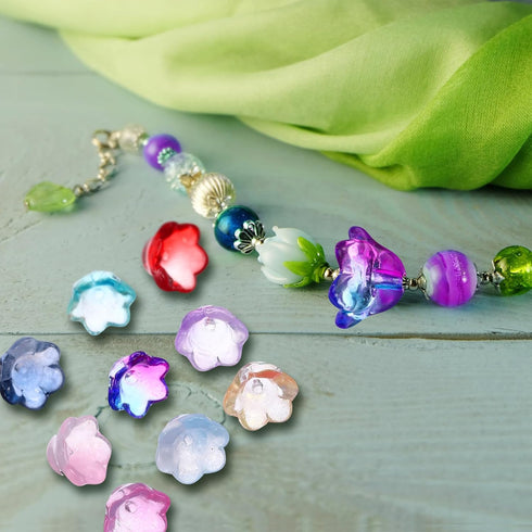 VILLCASE 100pcs Glass Flower Beads, Colorful Glaze Trumpet Flower Crystal Loose Beads, Translucent Bell Flower Spacer Beads with Hole for Jewelry ...