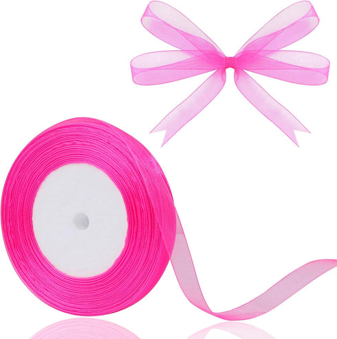 3/8 inch Sheer Organza Ribbon 50 Yards Hot Pink Chiffon Ribbon for Gift Wrapping Father's Day Crafts Wedding Bouquet Ribbon...