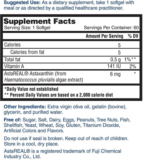 Nature's Lab AstaREAL Astaxanthin - 6mg of Potent Antioxidants - 60 Capsules (2 Month Supply)...
