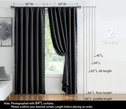 Treatmentex Pom Pom Blackout Curtains Black 45" Half Window Curtain Set for Small Window Basement Laundry Short Drapes 2Panels Rod Pocket...