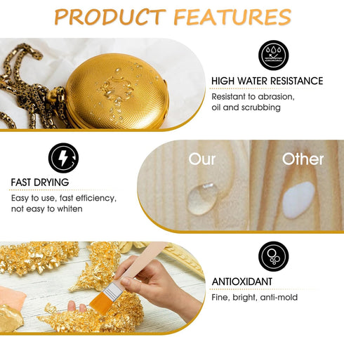 Gold Leaf Adhesive Set 200ml Gold Plating Kit Protective Varnish 100 pcs Gilding Adhesive Set Gold Leaf Sheets, 2 Brushes, Water Based Leaf Glue f...