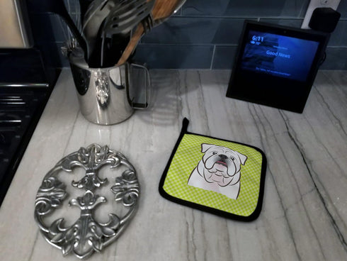 Caroline's Treasures BB1282PTHD Checkerboard Lime Green White English Bulldog Pair of Pot Holders Kitchen Heat Resistant Pot Holders Sets Oven Hot...