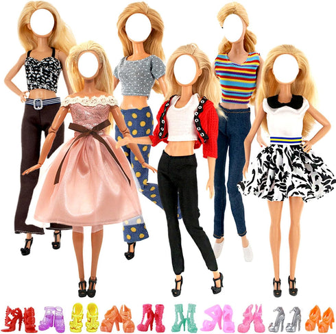 16 PCS Clothes and Accessories for 11.5 inch Doll Including 6 Casual Wear Outfits ( 4 Tops 4 Pants and 2 Dress 1 Coat ) and 10 Pair of Stylish Sho...