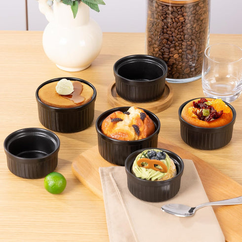 Yachi Ramekins Black, 4 oz 6 Pieces Ceramic Baking Ramekin Set of 6 Stoneware Bakeware Serving for Sauces Dipping Onion Soup Lava Cake Flan Creme ...