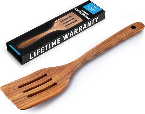Zulay Kitchen Premium Slotted Spatula - Durable Teak Wooden Spatula For Cooking, Flat Wooden Spatula For Kitchen Use, Smooth Finish Natural Teak S...