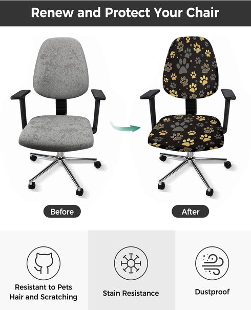 Computer Office Chair Cover Yellow Paw Print Black Background Protective & Stretchable Desk Chair Covers Soft Polyester Universal Rotating Chair S...