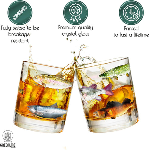 Greenline Goods – Fishing Glass Set for Fisherman and Outdoorsman – Fish Themed 10 oz Whiskey Glass Set of 2 - Freshwater and Saltwater Fish on th...