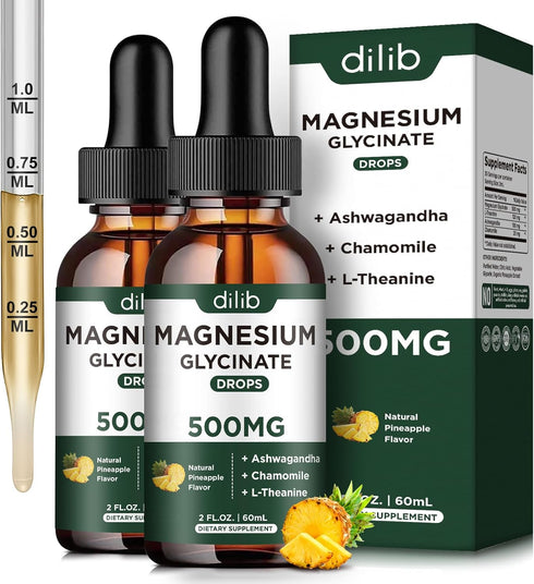 (2 Pack) Magnesium Glycinate Supplement, Magnesium Liquid Drops with Magnesium Glycinate 500mg Ashwagandha, L - Theanine, Chamomile -Supports Opti...