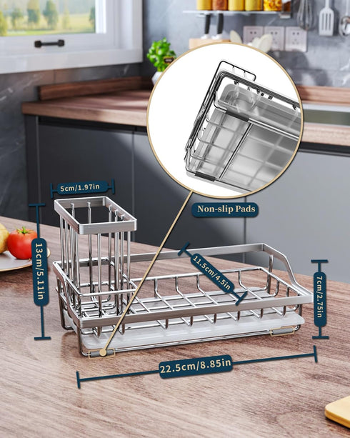 Consumest Sink Caddy-Kitchen Sponge Holder + Dish Brush Holder for Kitchen Sink, Sink Organizer with Drip Tray for Countertop Stainless Steel Rust...