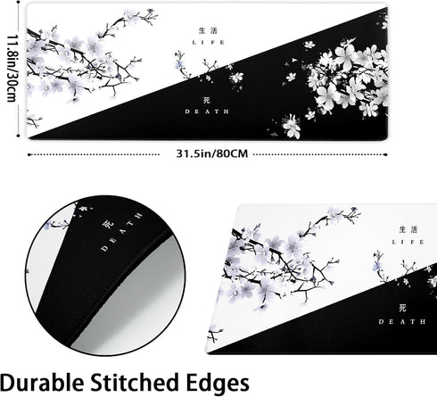 Black White Cherry Blossom Mouse Pad Japanese Sakura Death Life Flower Extended Desk Mat 80X30 cm Non-Slip Rubber Base Stitched Edge Large XL Play...