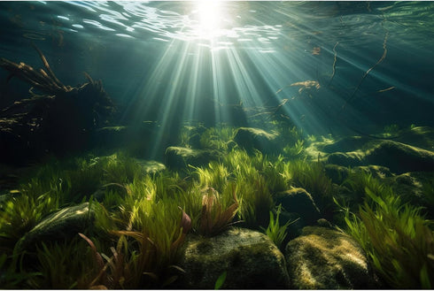 Aquarium Background Aquatic Plants Roots Lush Seagrass Terrarium Background Underwater Green Plants Branches Sunlight Rays Fish Tank Backdrop Jung...