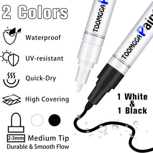 White and Black Permanent Markers Paint Pens-2 Pack Oil Based Paint Markers, Medium Tip, Quick Drying Paint Pens for Wood, Metal, Rock Painting, M...