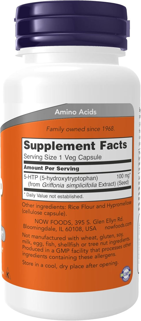 NOW Supplements, 5-HTP (5-hydroxytryptophan) 100 mg, Neurotransmitter Support*, 60 Veg Capsules...