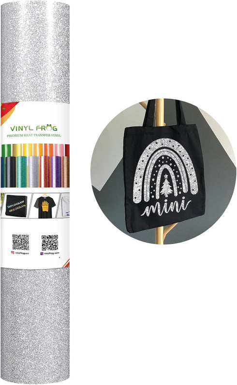 VINYL FROG Glitter HTV Vinyl Heat Transfer Vinyl Roll 12" x 5ft Silver Iron on Vinyl Glitter Heat Press Vinyl for T-Shirts Works with All Cutter M...