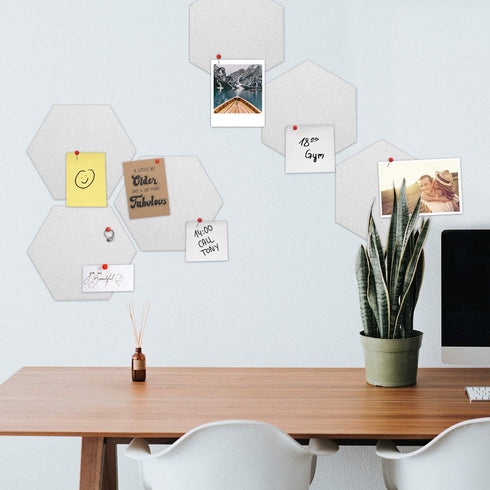 Navaris Hexagon Felt Board Tiles - Set of 6 Notice Memo Bulletin Boards with Push Pins Pack 5.9 x 7 inches (15 x 17.7 cm) - White...