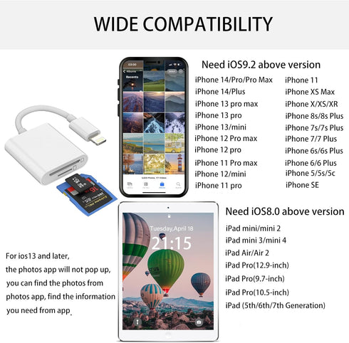 SD Card Reader for iPhone Lightning Camera Adapter Dual Slot Micro SD TF Memory Card Reader for iPad...