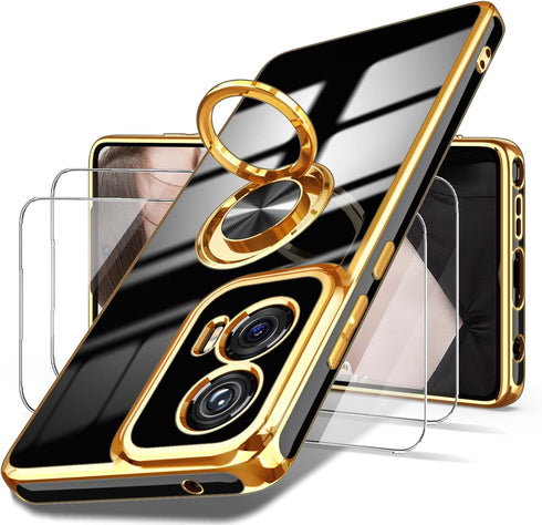 Dretal for Moto G Stylus 5G 2024 Case, 2X Screen Protector, 360° Rotatable Ring Holder Magnetic Kickstand,Plated Gold Edge Slim Soft TPU Protectiv...