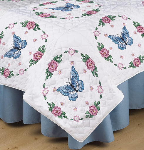 Tobin Butterfly/Rose Stamped for Embroidery Quilt Blocks, White......
