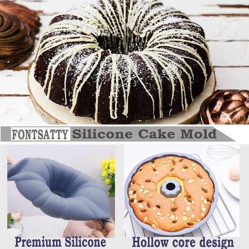 Bundt cake pan Silicone Cake Mold, 10’’ Non-stick Fluted Pans Round Baking Molds for Cake, Jello, Gelatin, Brownie, Cornbread, 12 Cups,Large Size ...
